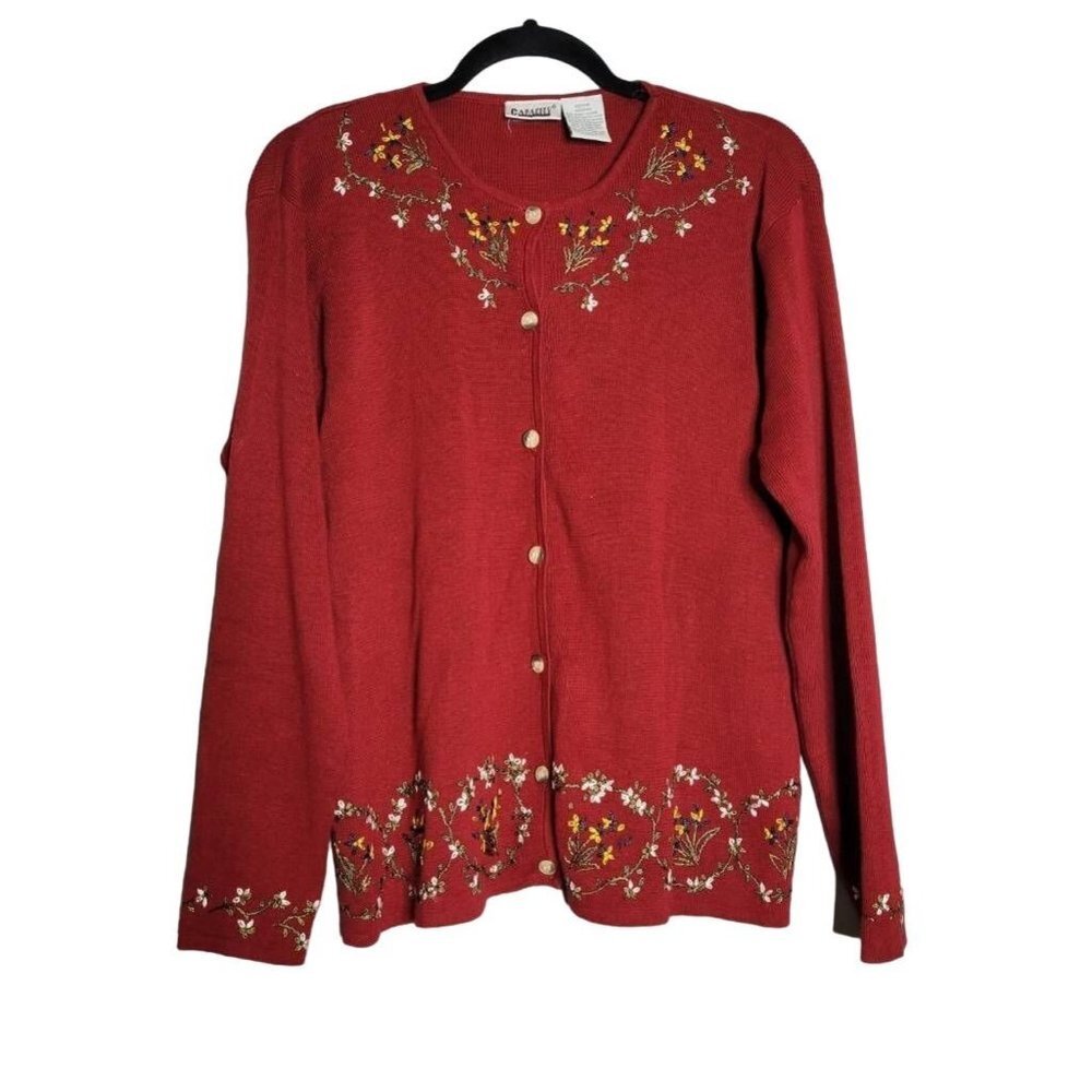 Capacity Womens Cardigan Sweater Red Ramie Blend Long Sleeve Scoop Neck Button M